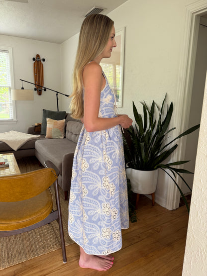 Aureum Eden Blue Stripe Embroidered Sleeveless Midi Dress