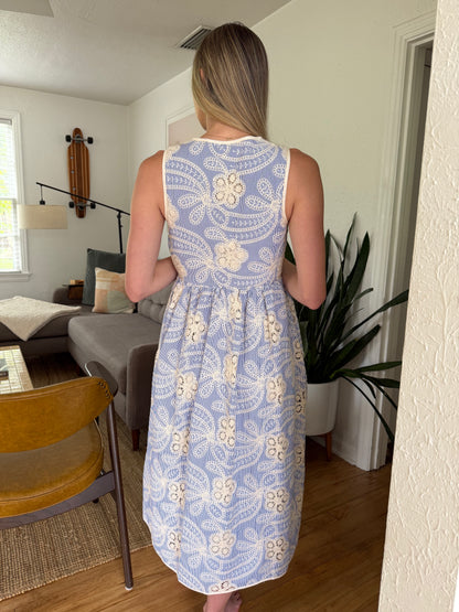 Aureum Eden Blue Stripe Embroidered Sleeveless Midi Dress