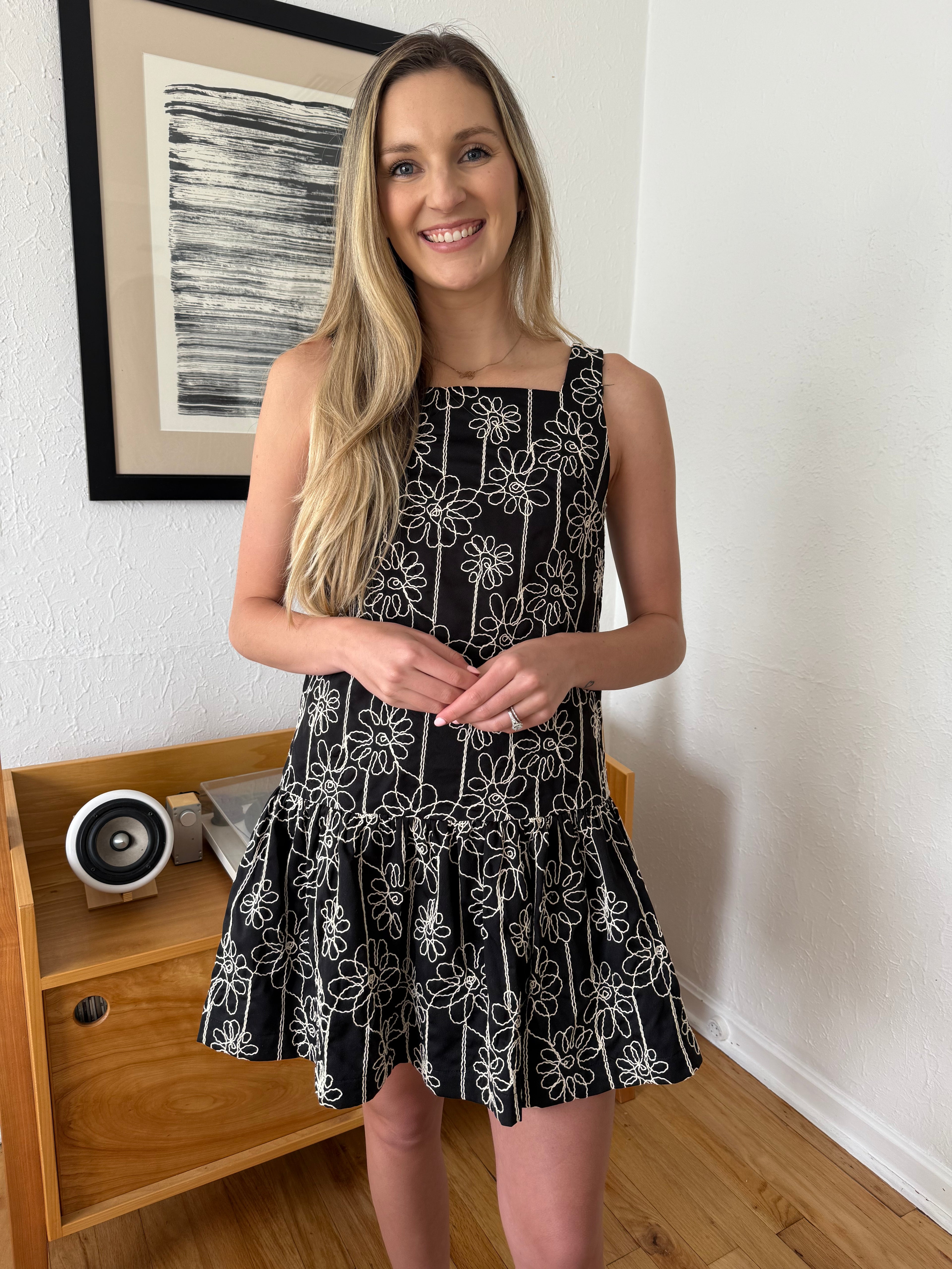 Aureum Emery Black Floral Embroidered Shift Mini Dress