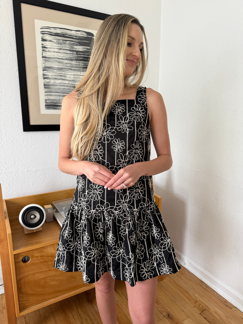 Aureum Emery Black Floral Embroidered Shift Mini Dress