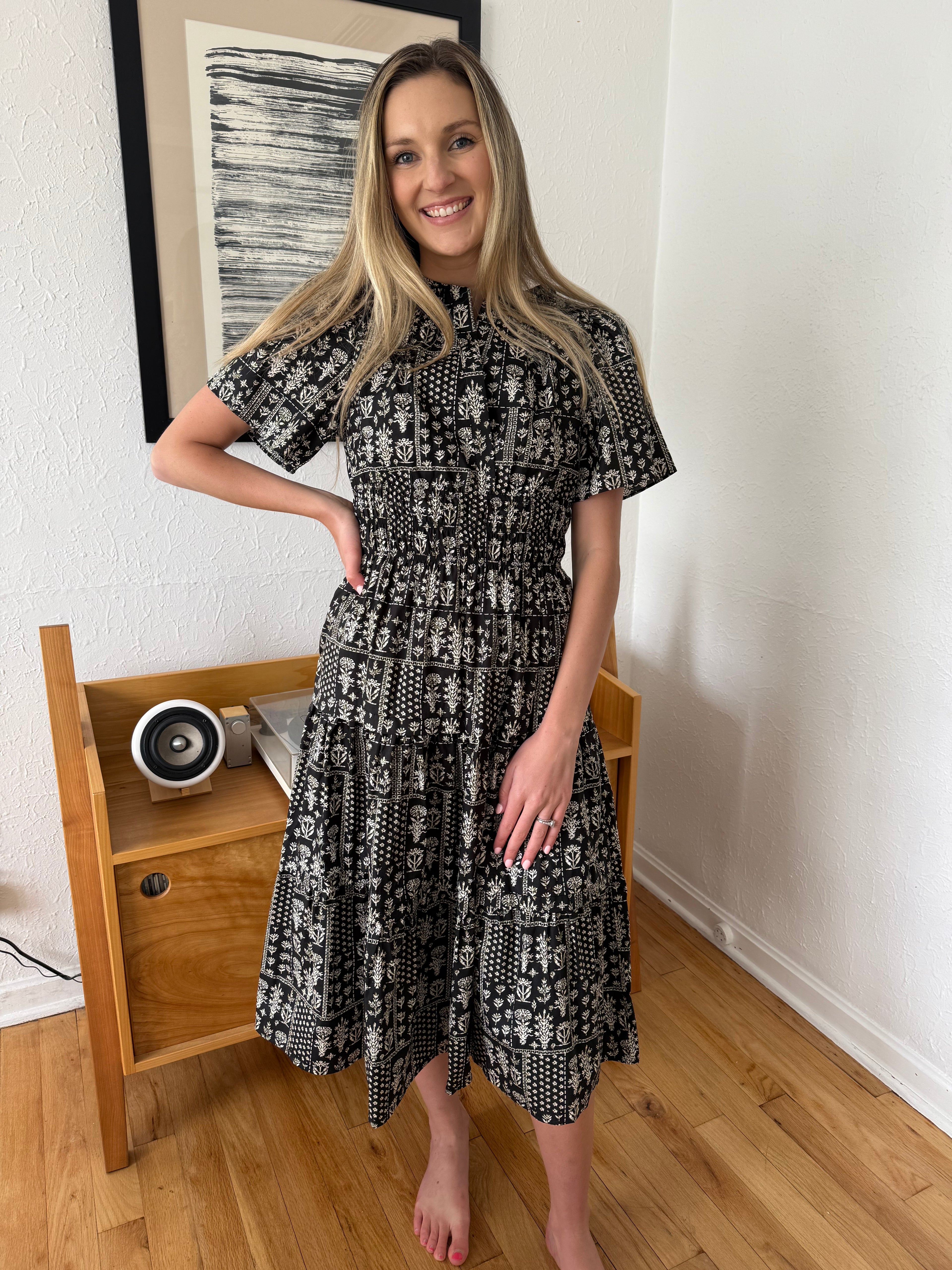 Aureum Elena Black Floral Pintuck Pleat Tiered Midi Dress