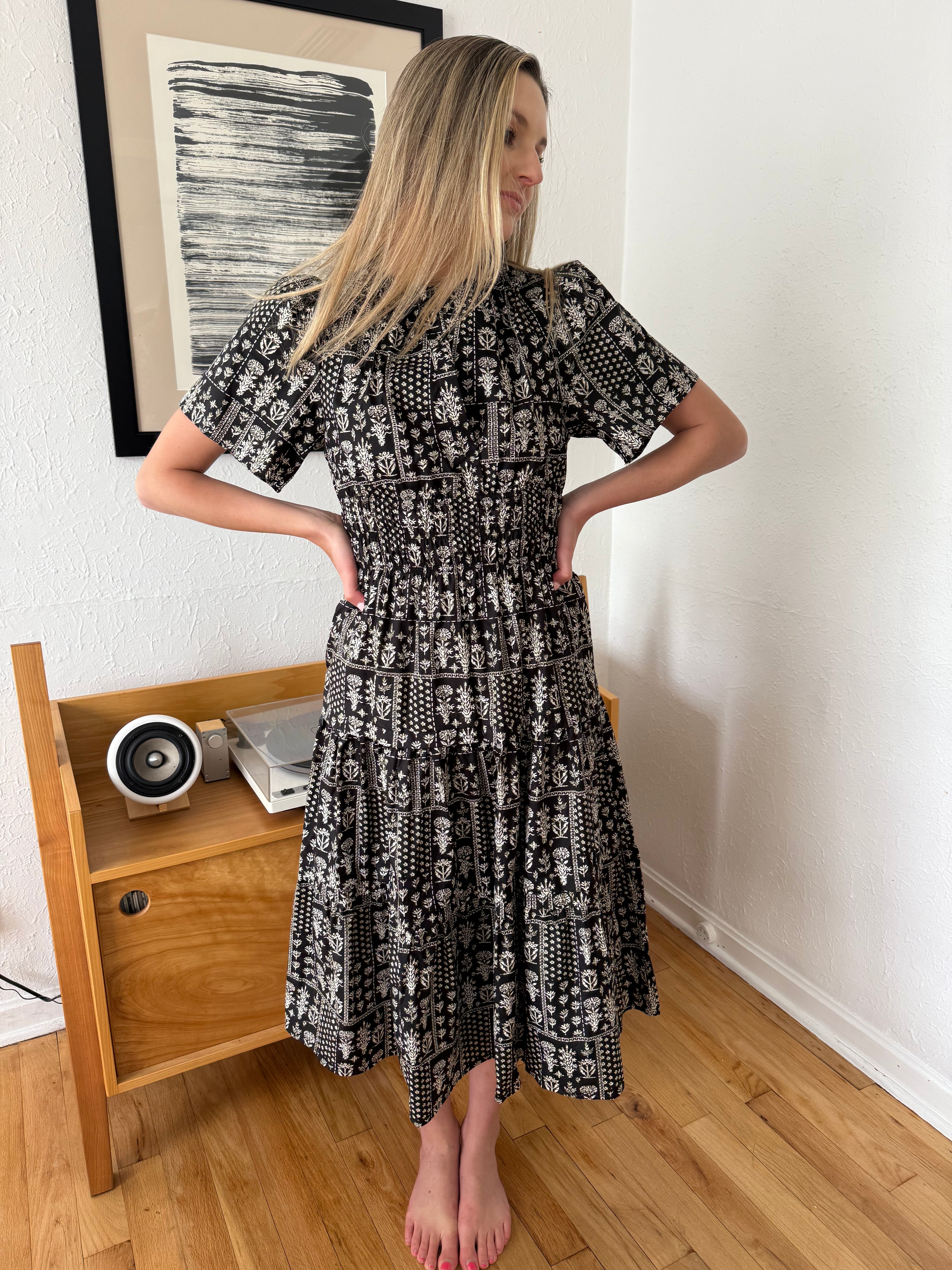 Aureum Elena Black Floral Pintuck Pleat Tiered Midi Dress