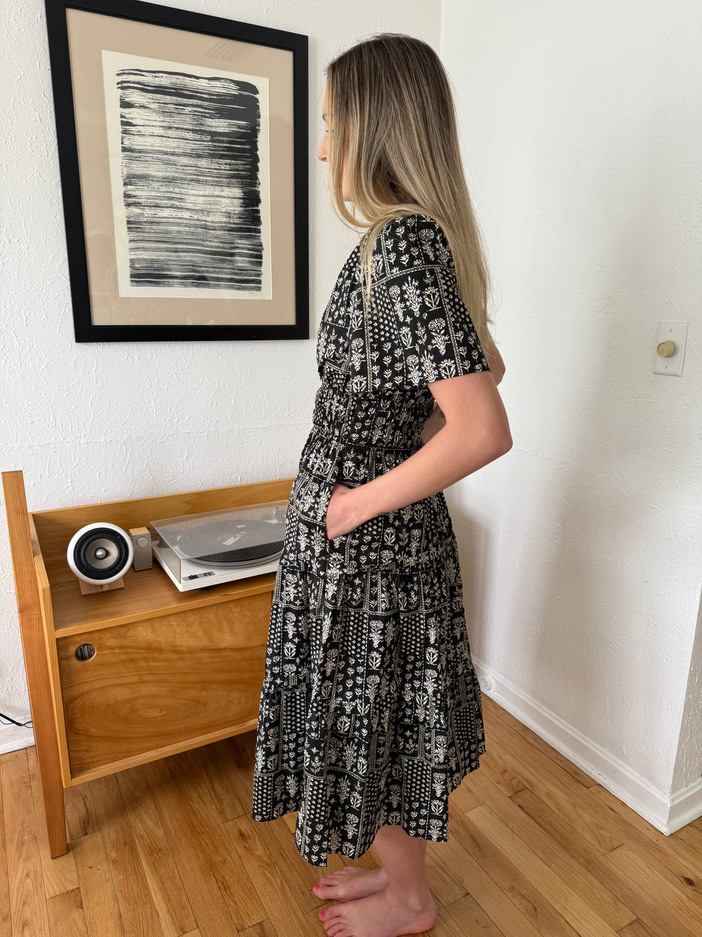 Aureum Elena Black Floral Pintuck Pleat Tiered Midi Dress