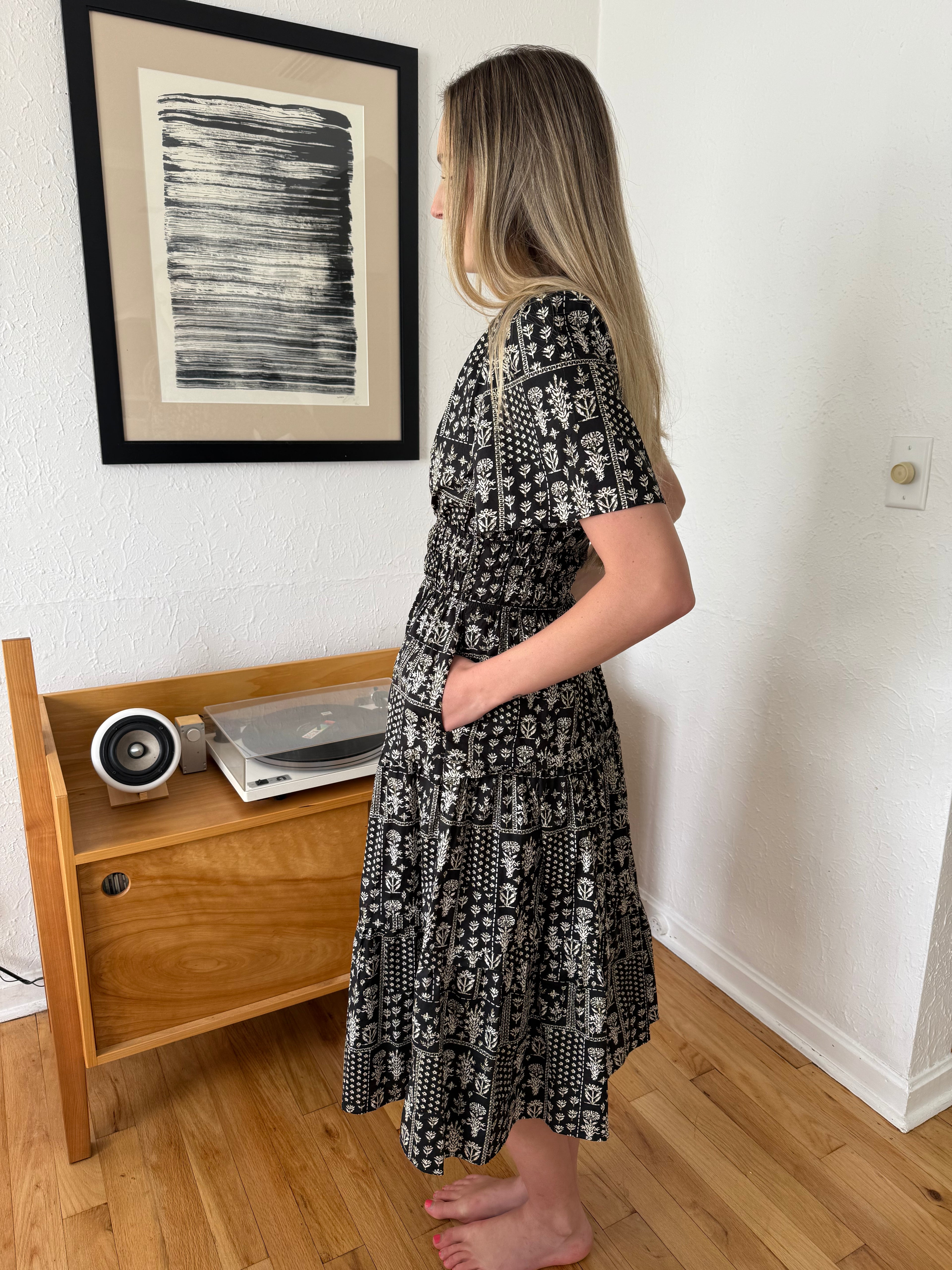 Aureum Elena Black Floral Pintuck Pleat Tiered Midi Dress