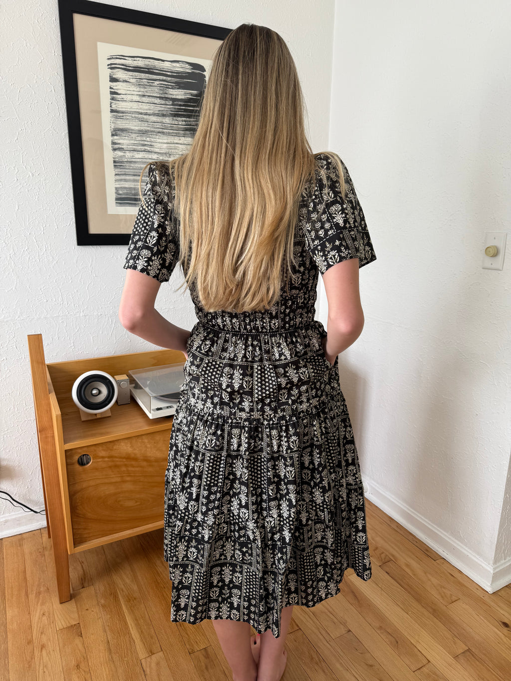 Aureum Elena Black Floral Pintuck Pleat Tiered Midi Dress