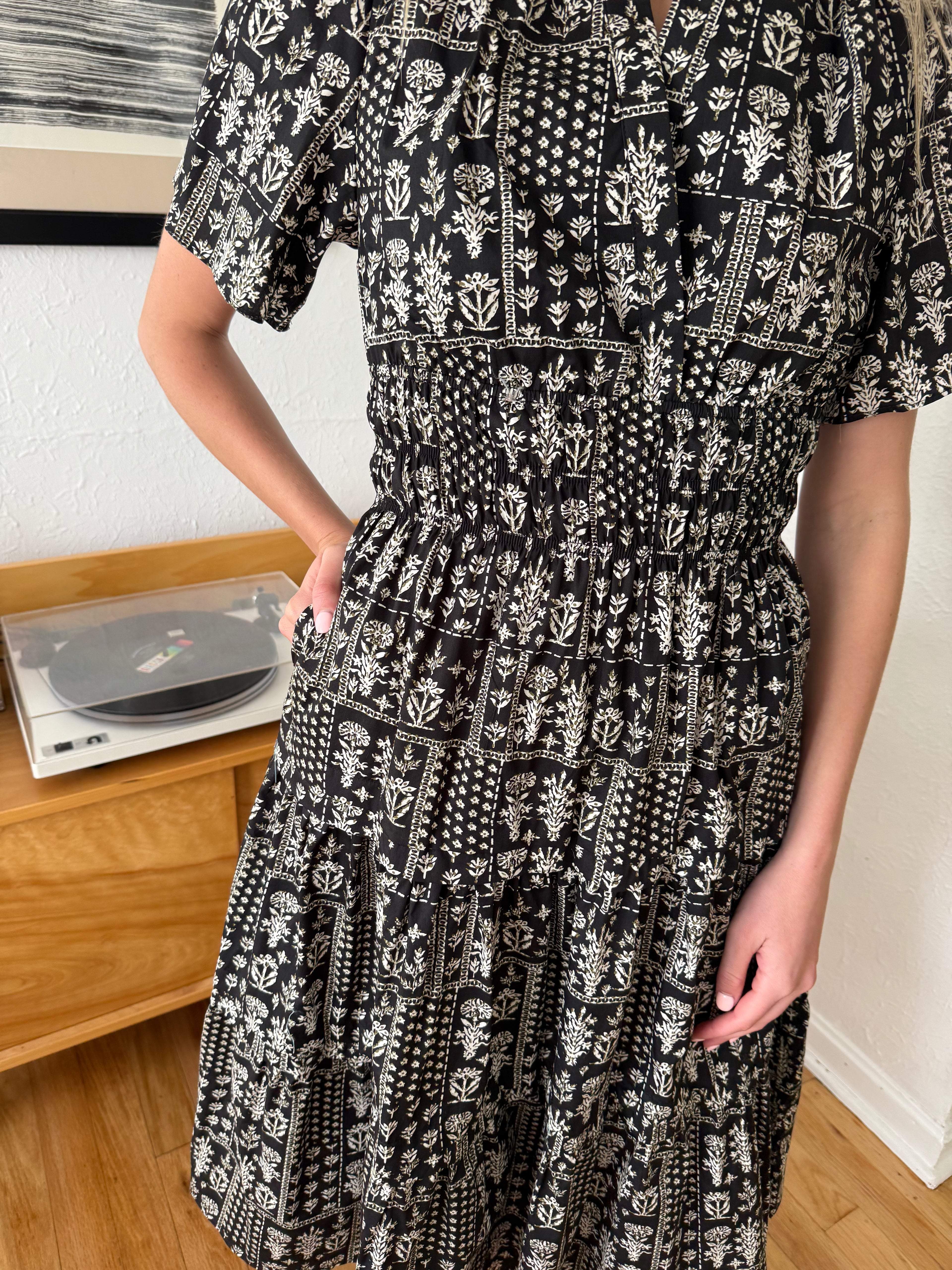 Aureum Elena Black Floral Pintuck Pleat Tiered Midi Dress