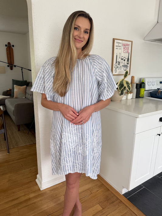FRNCH Celma Blue Stripe Floral Embroidered Mini Dress