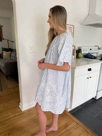 FRNCH Celma Blue Stripe Floral Embroidered Mini Dress