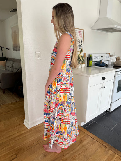 FRNCH Esther Market Print Pintuck Sleeveless Midi Dress