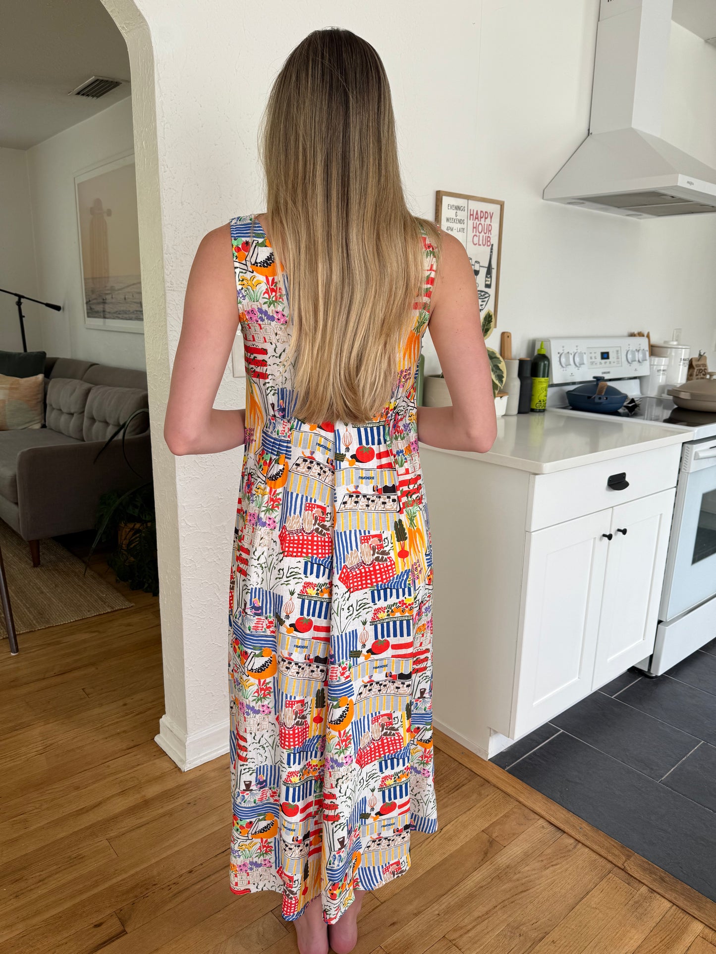 FRNCH Esther Market Print Pintuck Sleeveless Midi Dress