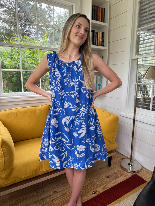 FRNCH Isola Blue Seaside Print Cotton Tank Mini Dress