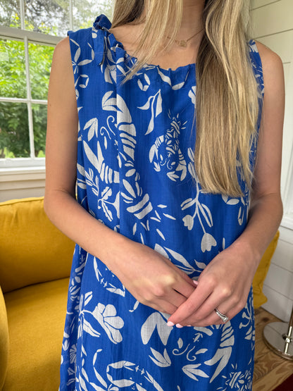 FRNCH Isola Blue Seaside Print Cotton Tank Mini Dress