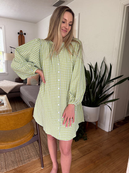 FRNCH Noely Green and Blue Gingham Buttoned Mini Dress