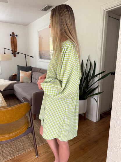 FRNCH Noely Green and Blue Gingham Buttoned Mini Dress