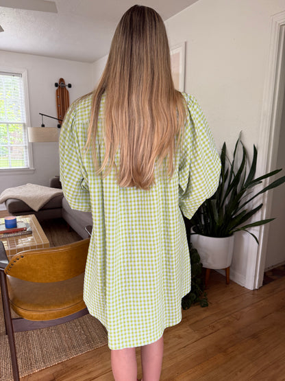 FRNCH Noely Green and Blue Gingham Buttoned Mini Dress