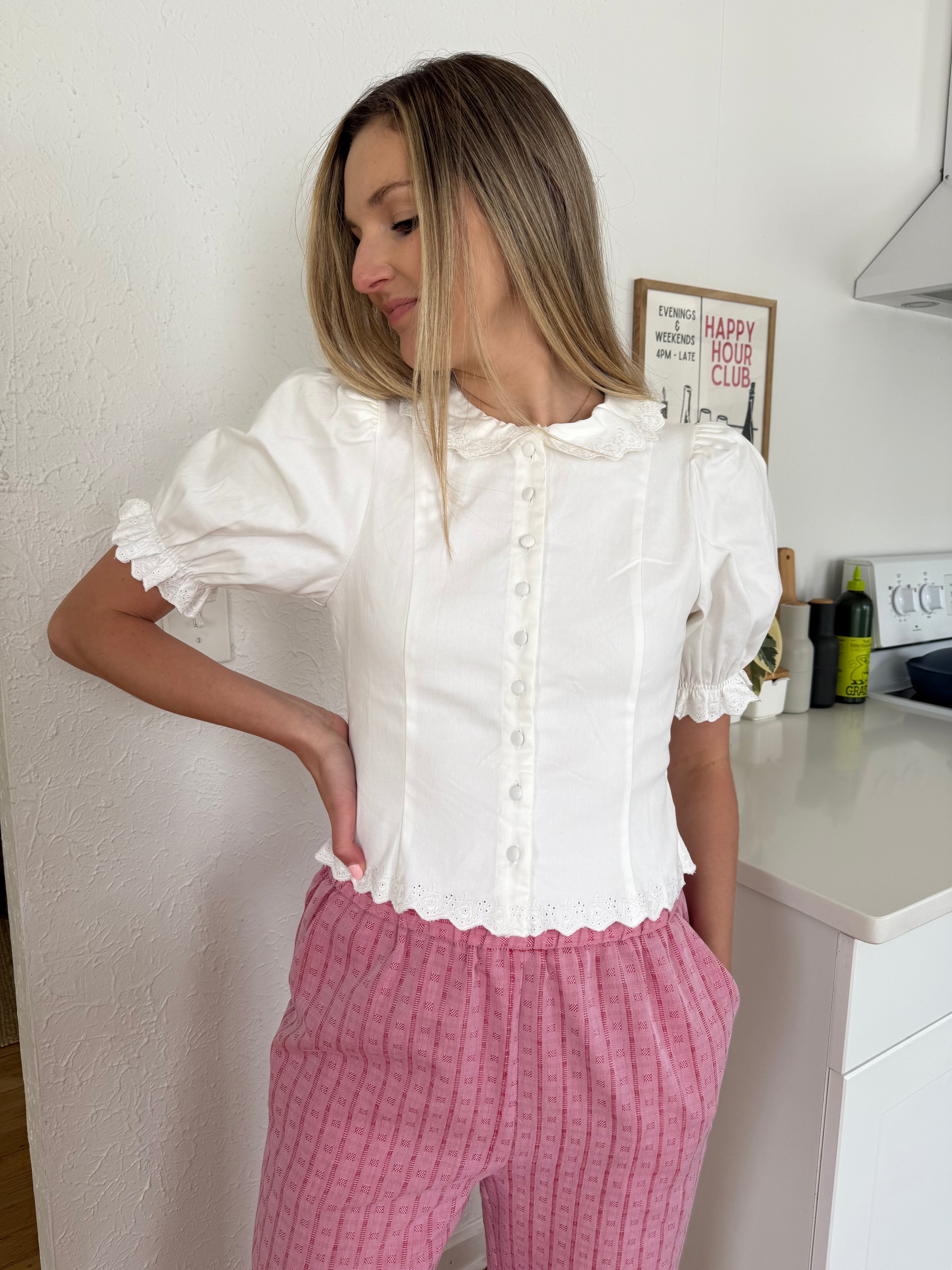 Sofie the Label Eloise White Eyelet Collared Puff Sleeve Top