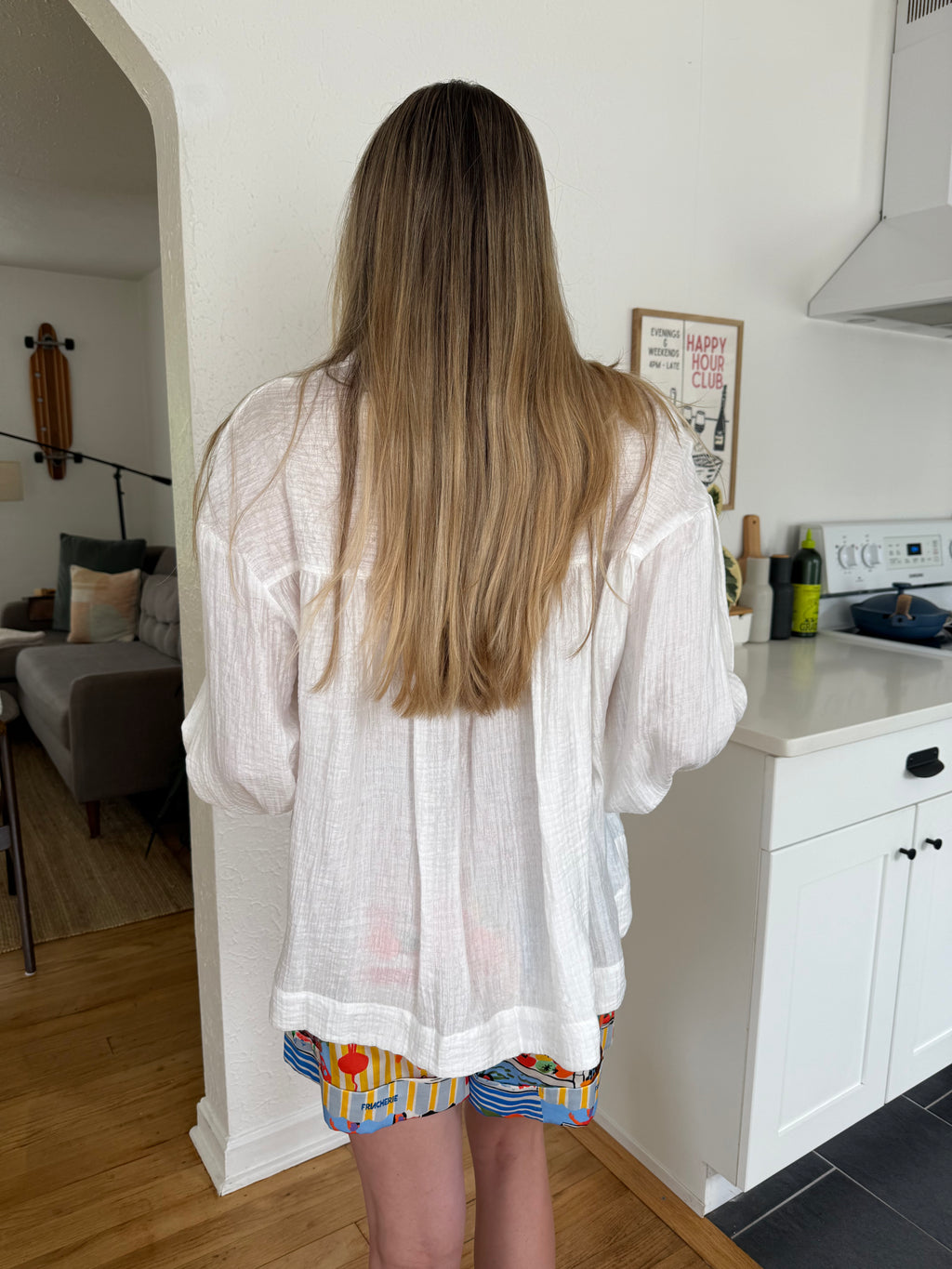 FRNCH Charlotte White Crinkle Buttoned Long Sleeve Top