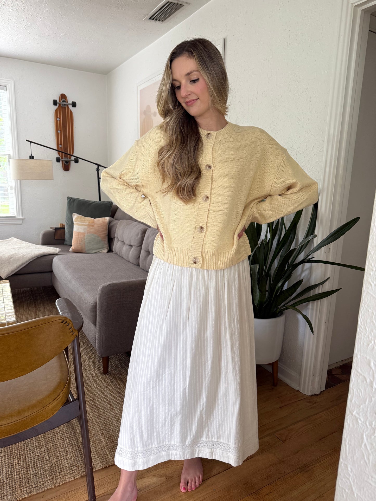 FRNCH Akane Cream Embroidered Midi Skirt