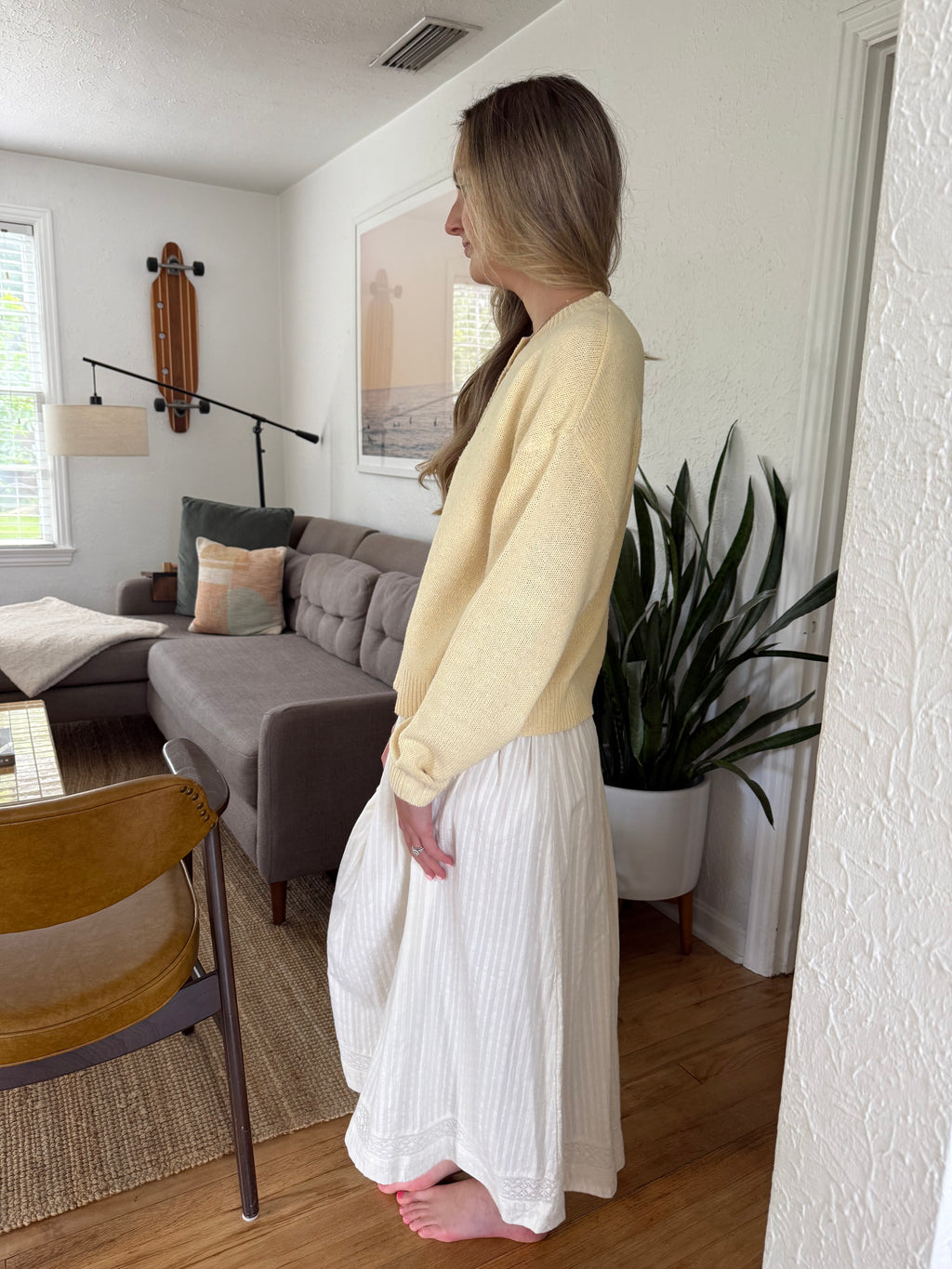 FRNCH Akane Cream Embroidered Midi Skirt