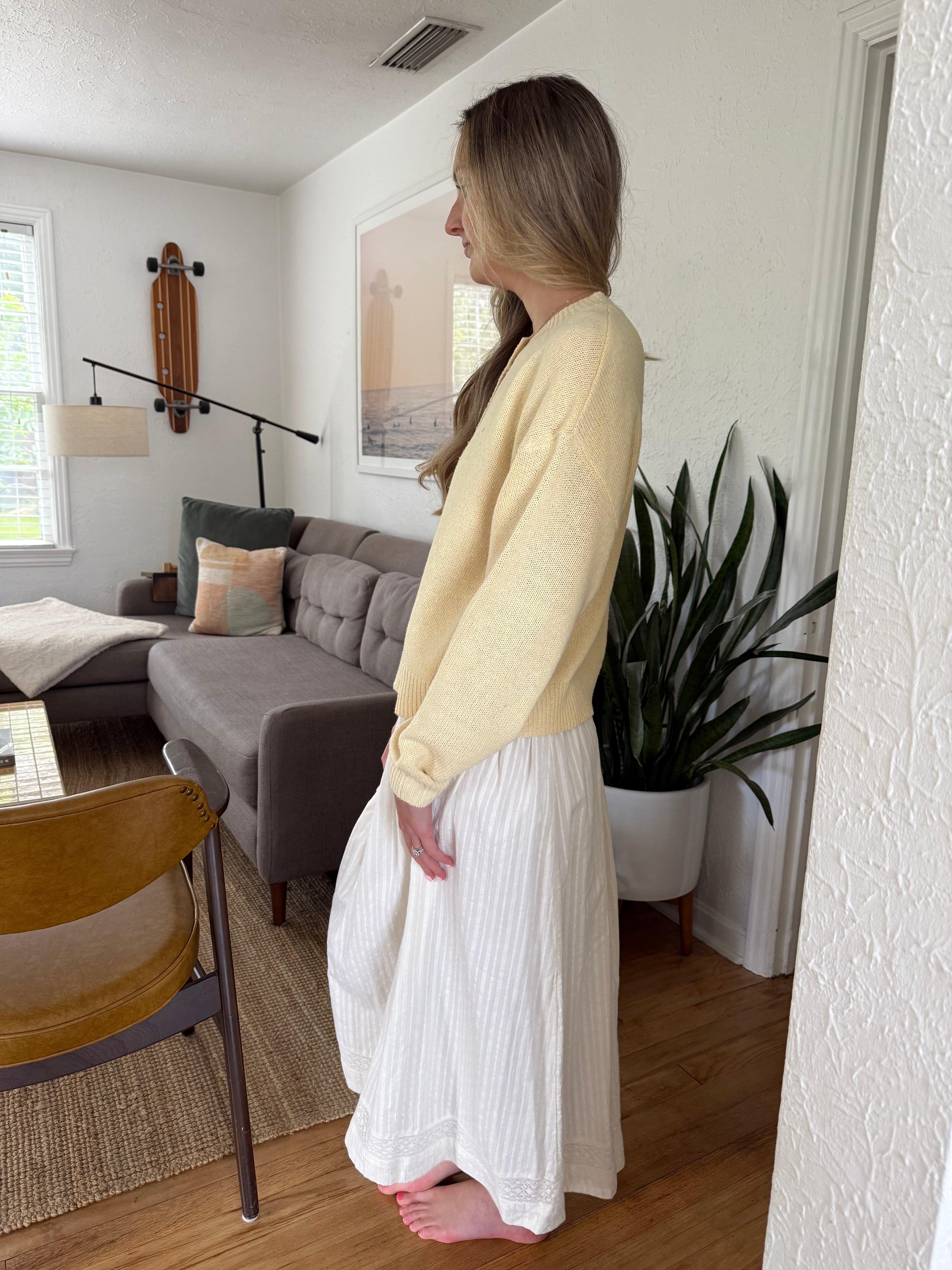 FRNCH Akane Cream Embroidered Midi Skirt