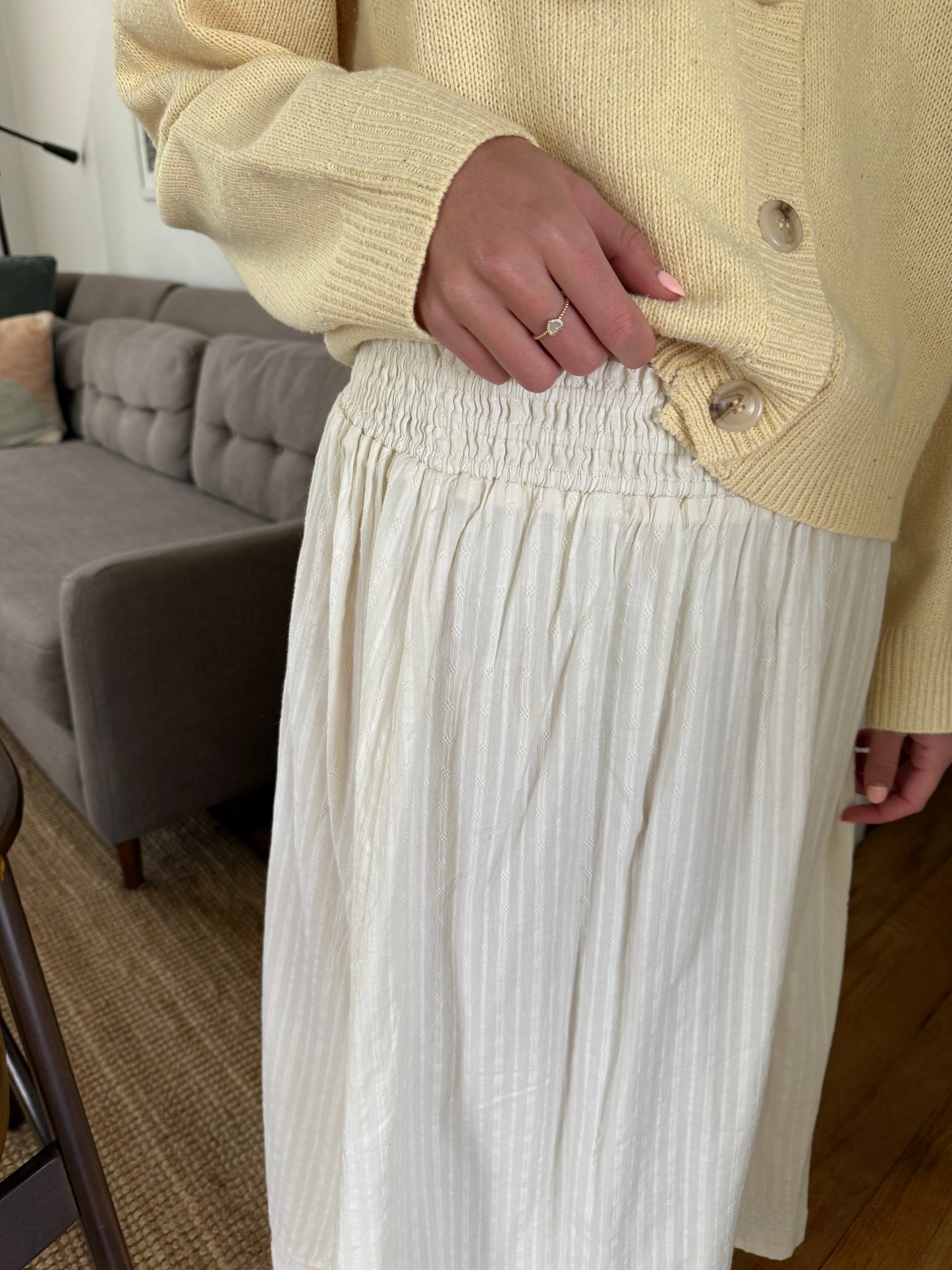 FRNCH Akane Cream Embroidered Midi Skirt