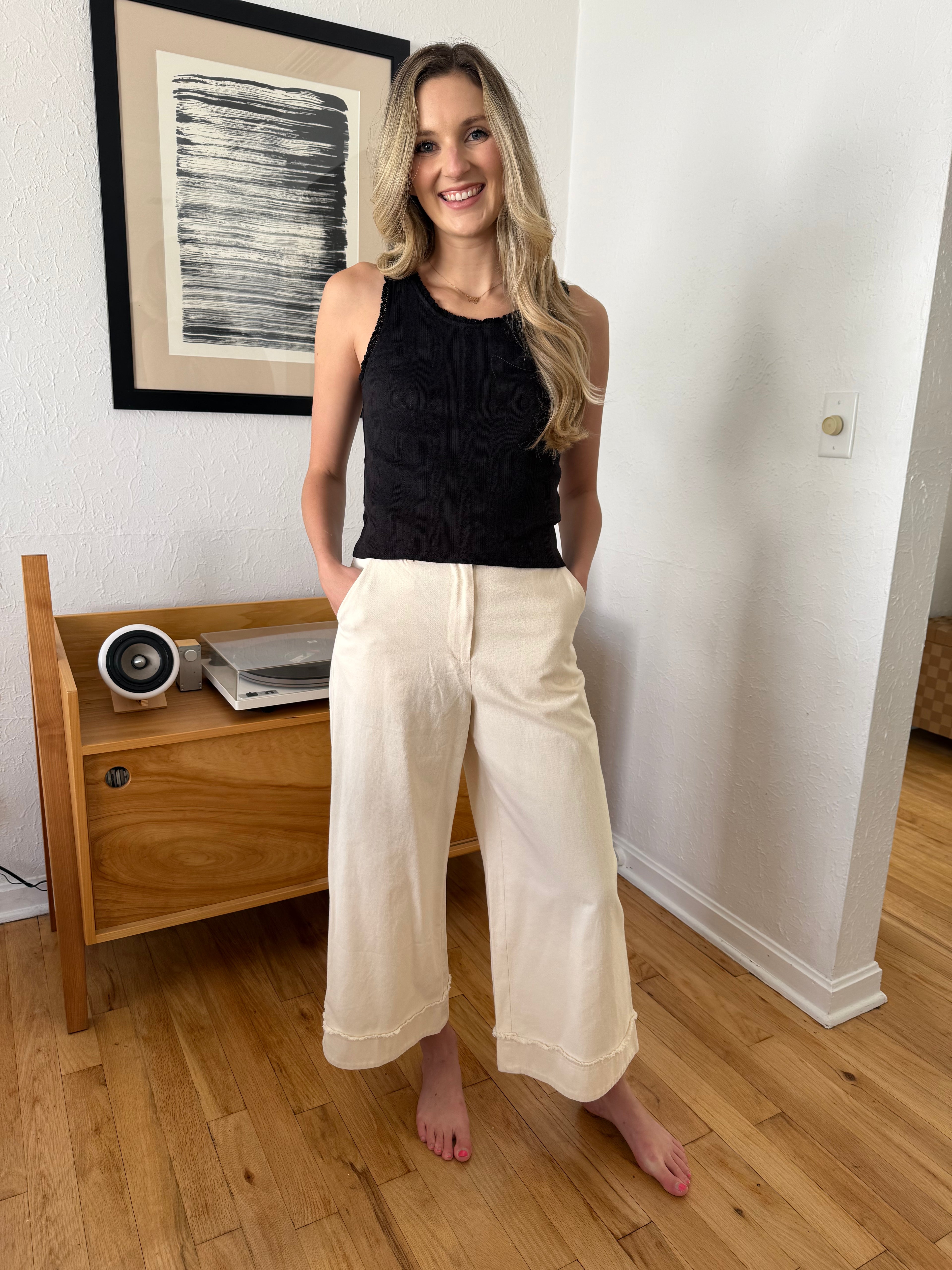 FRNCH Araceli Cream Wide Leg Fray Cuffed Pants