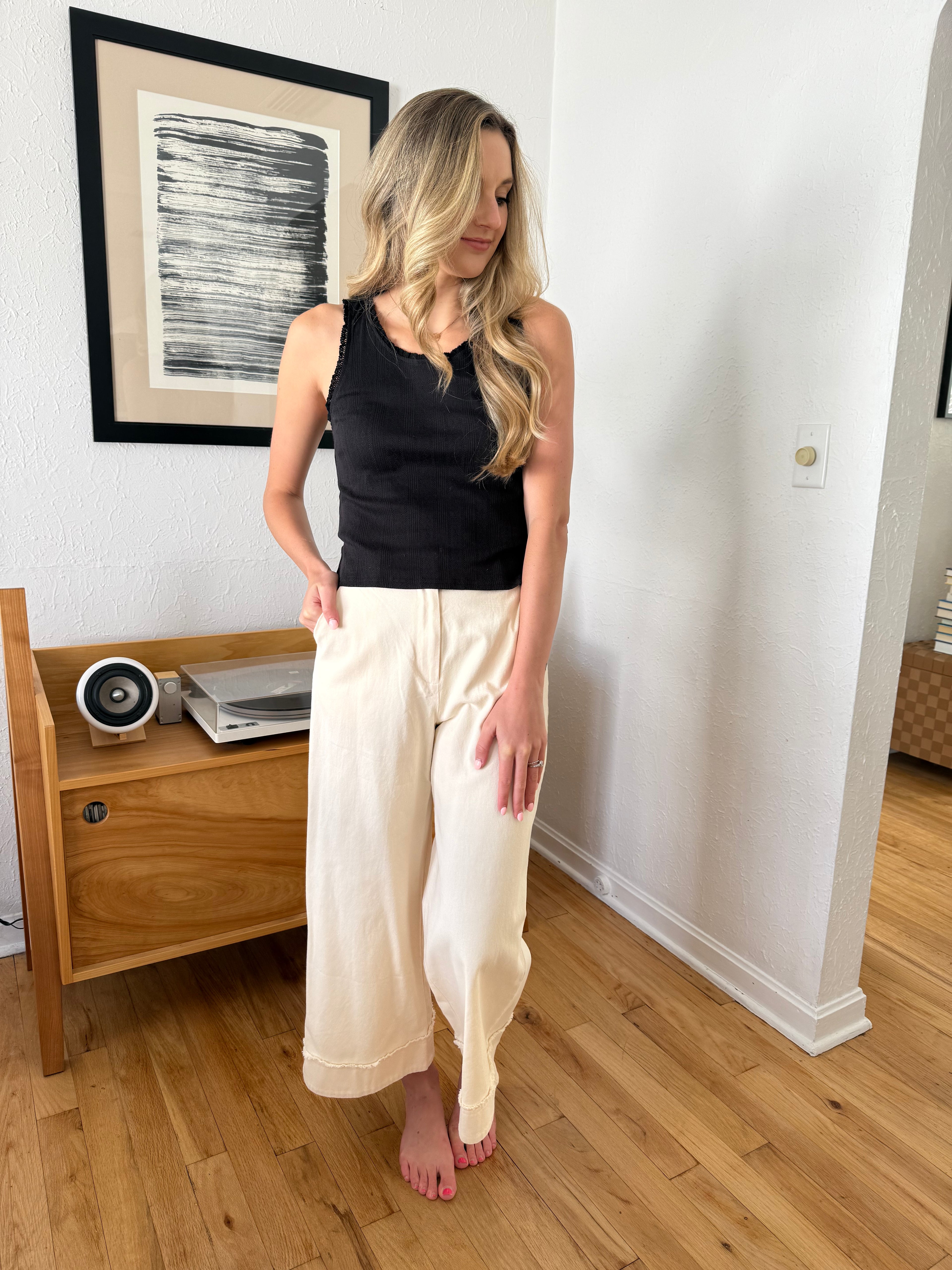 FRNCH Araceli Cream Wide Leg Fray Cuffed Pants