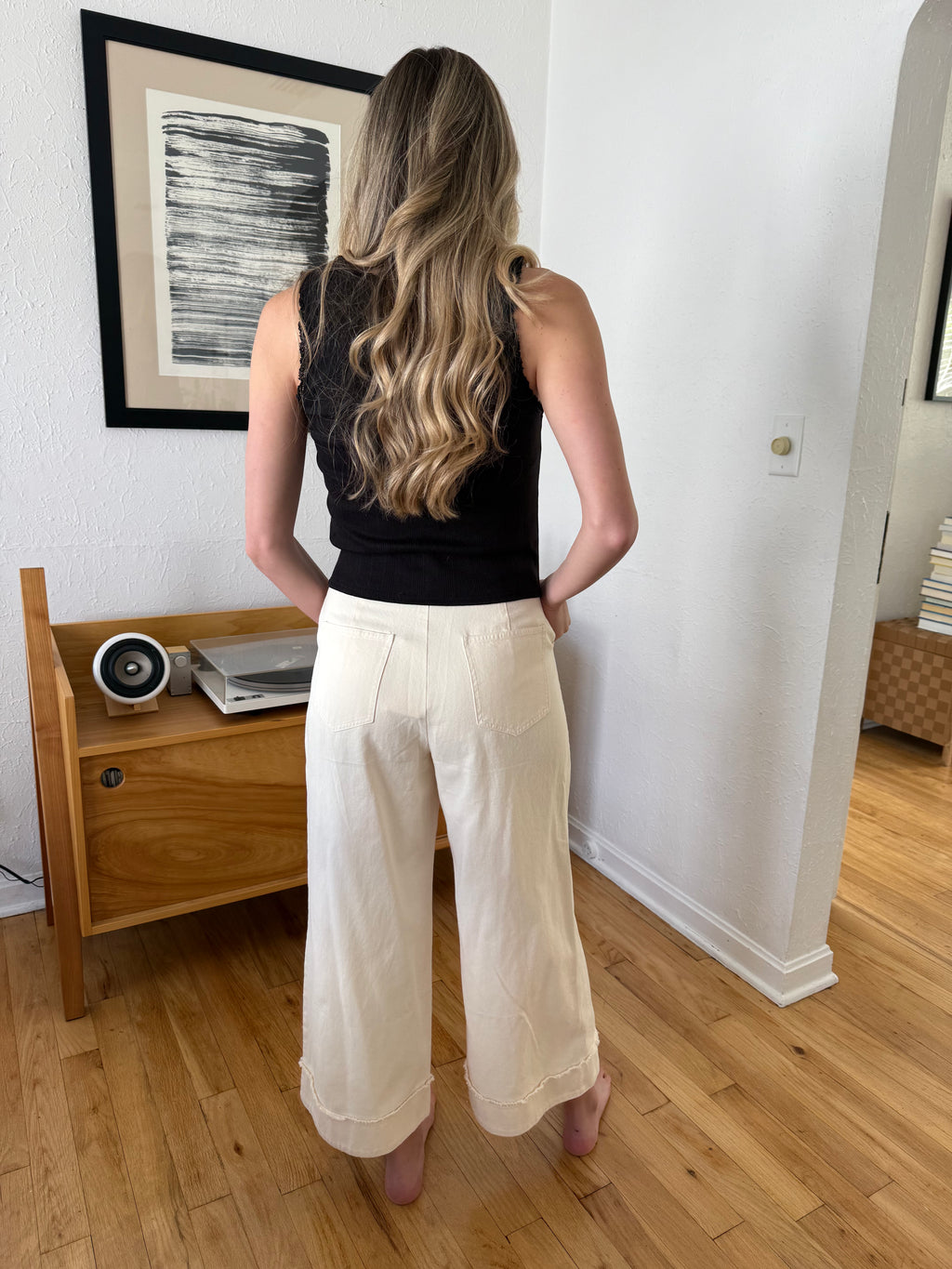 FRNCH Araceli Cream Wide Leg Fray Cuffed Pants