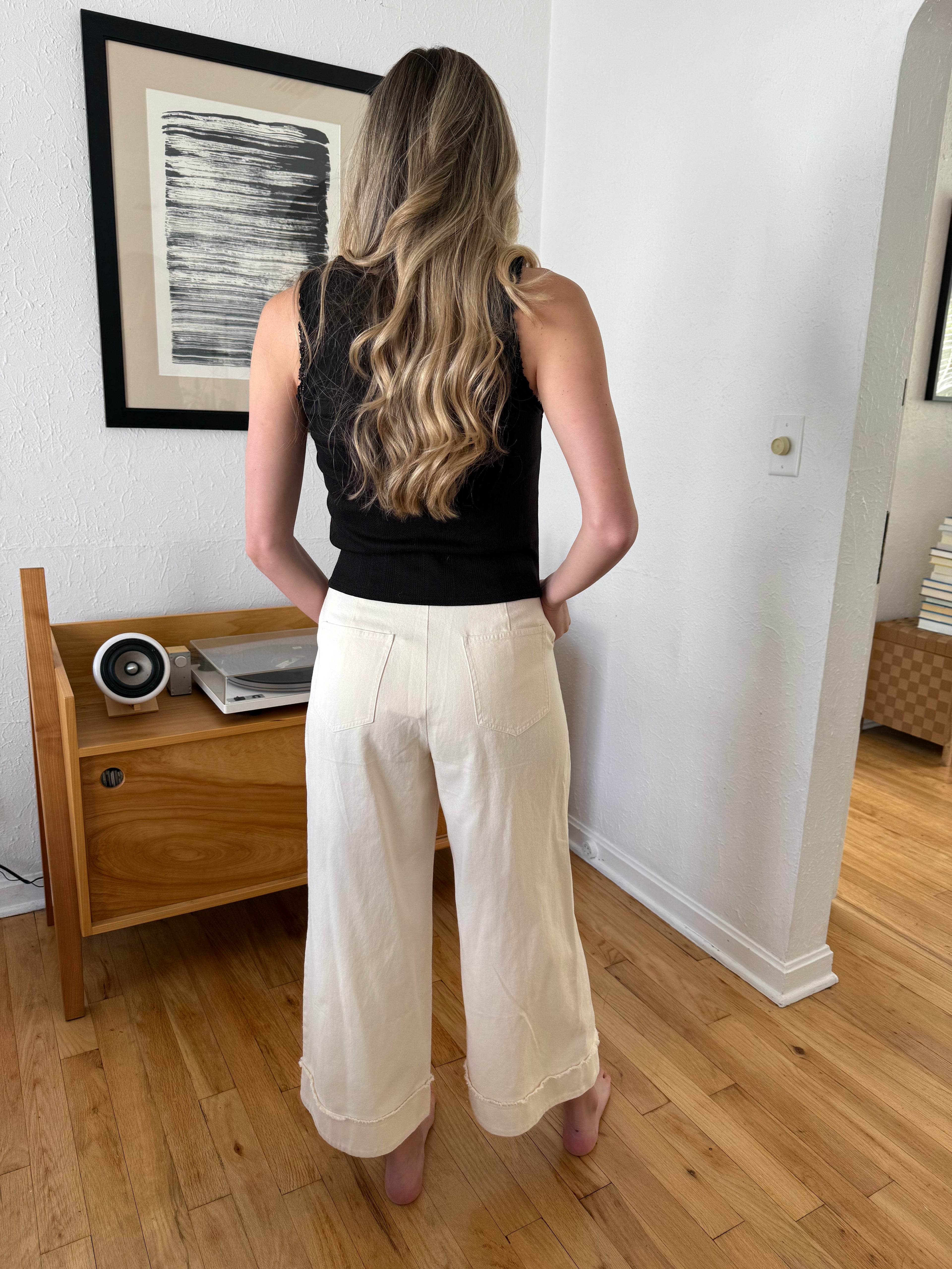 FRNCH Araceli Cream Wide Leg Fray Cuffed Pants