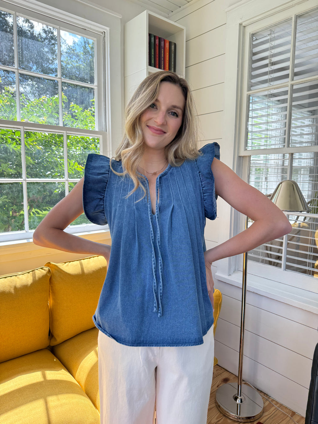 Francine Light Denim Pintuck Short Sleeve Top