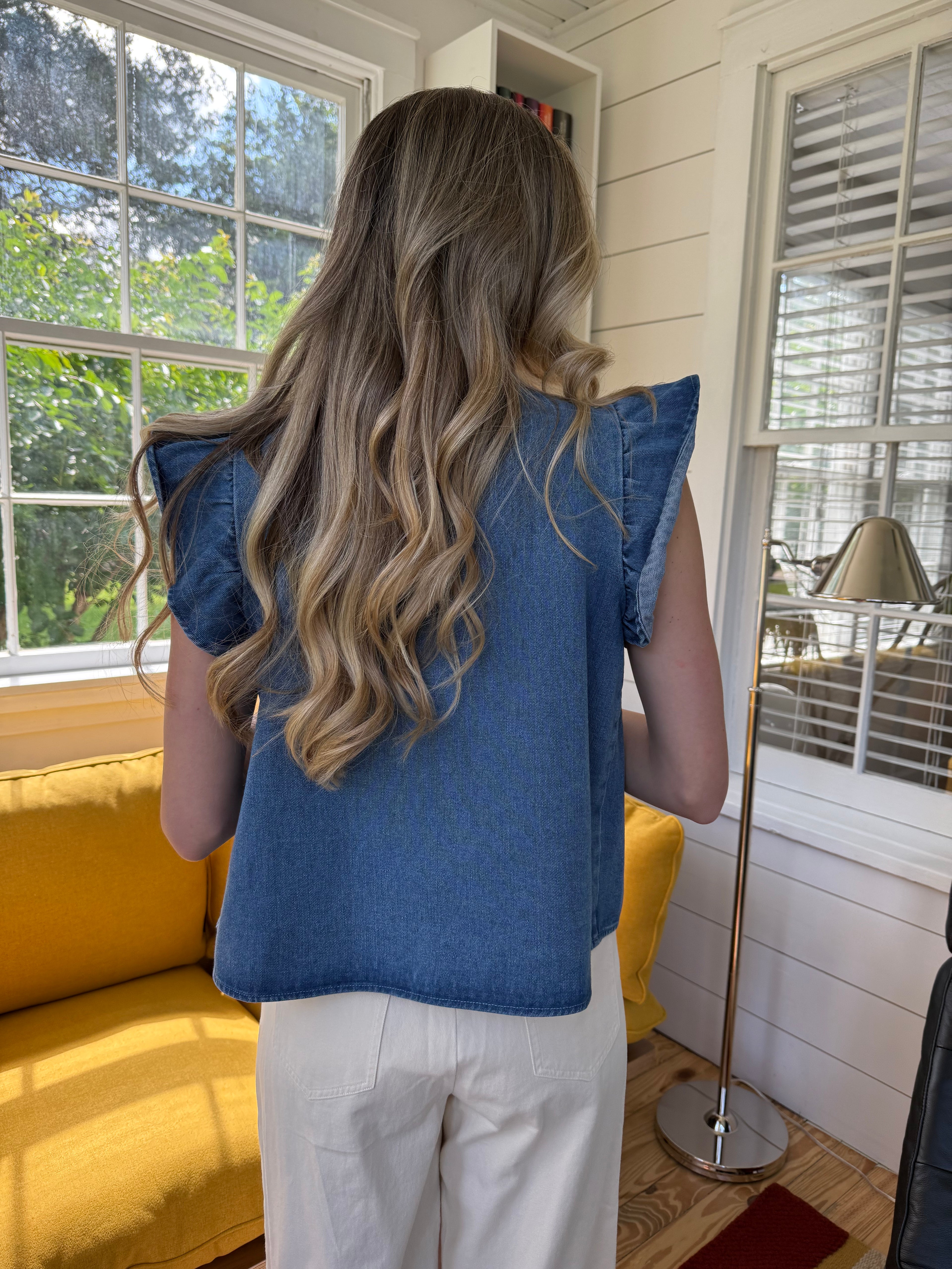 Francine Light Denim Pintuck Short Sleeve Top