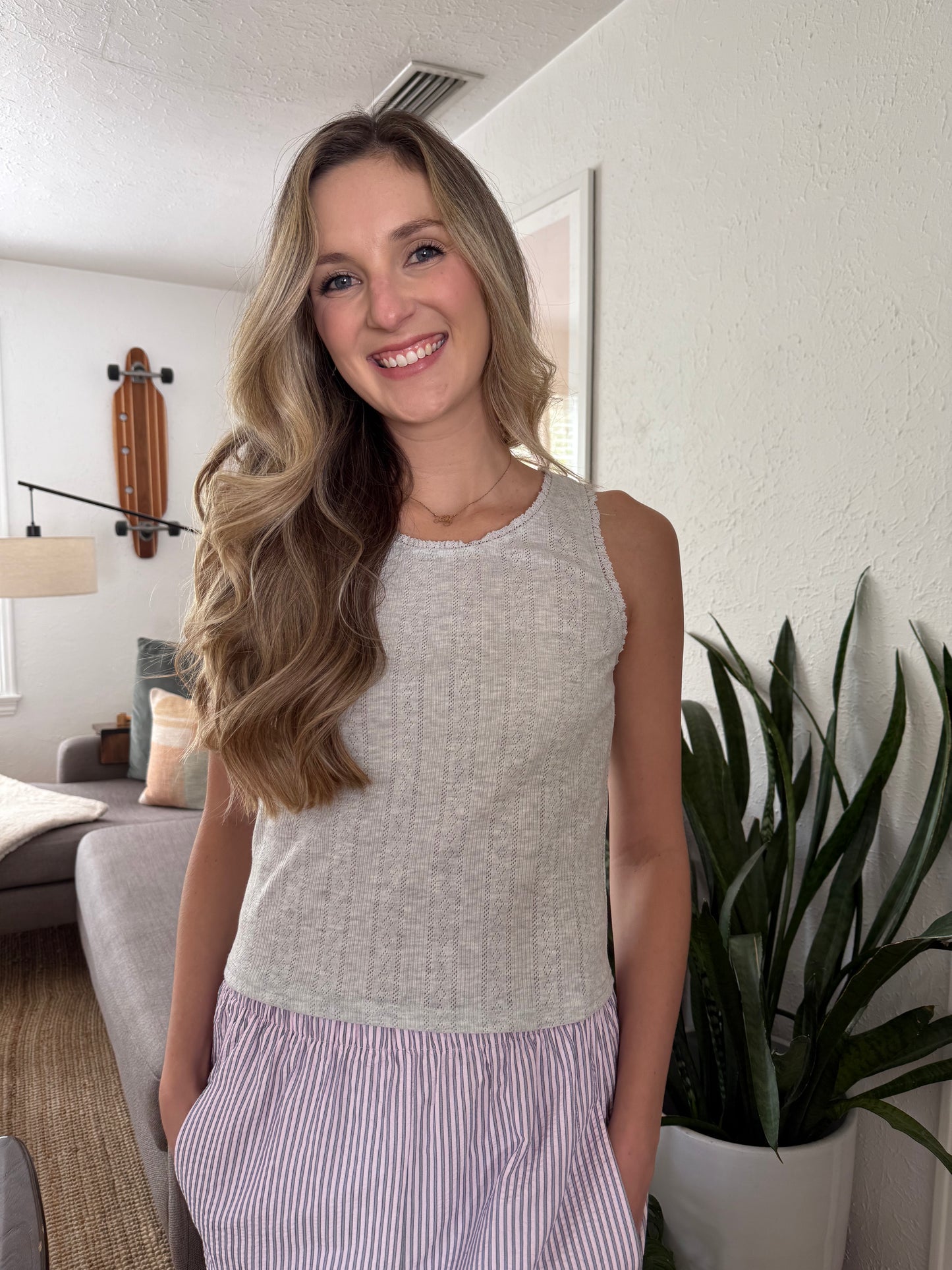 Miou Muse Freya Cotton Pointelle Tank Top (Grey)