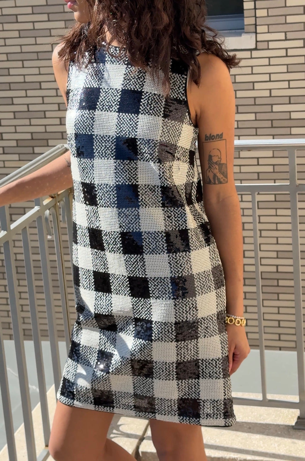 FRNCH Carra Black Gingham Sequin Tank Mini Dress