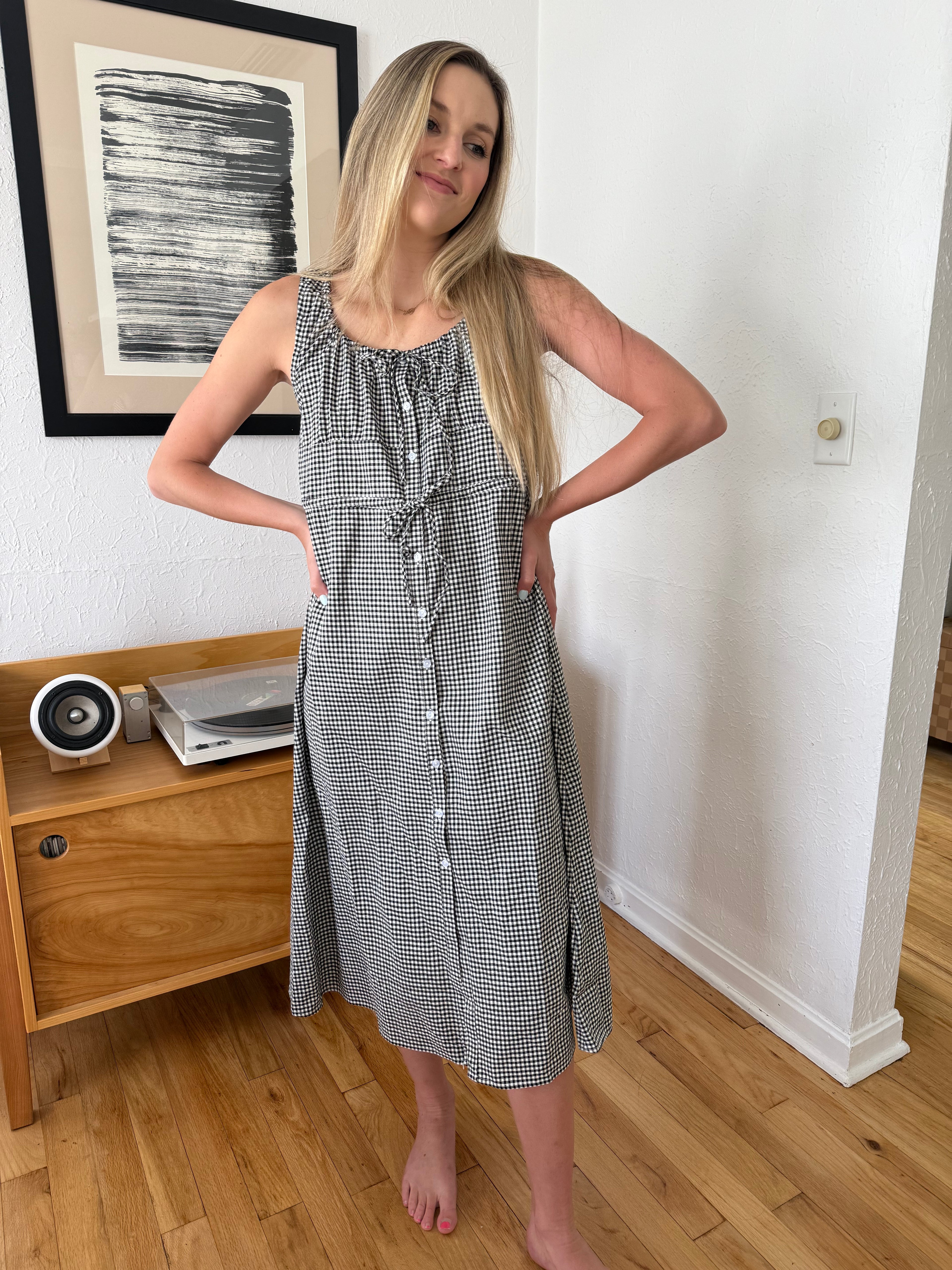 Things Between Giselle Gingham Buttoned Tank Midi Dress (Black)