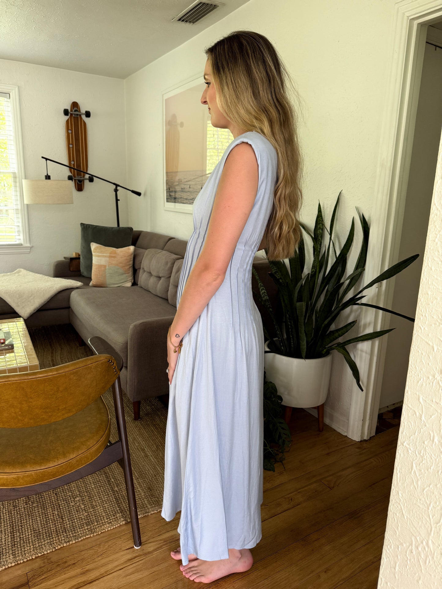Hallie Linen Pintuck Sleeveless Midi Dress (Blue)