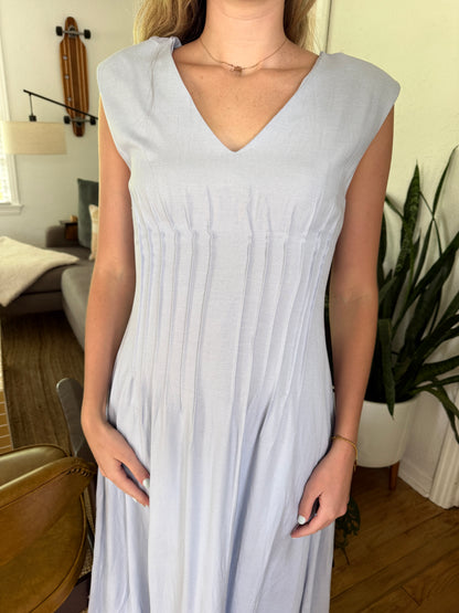 Hallie Linen Pintuck Sleeveless Midi Dress (Blue)