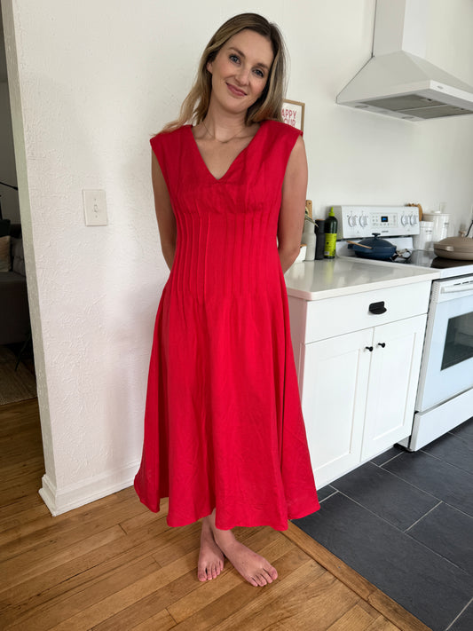 Hallie Linen Pintuck Sleeveless Midi Dress (Red)