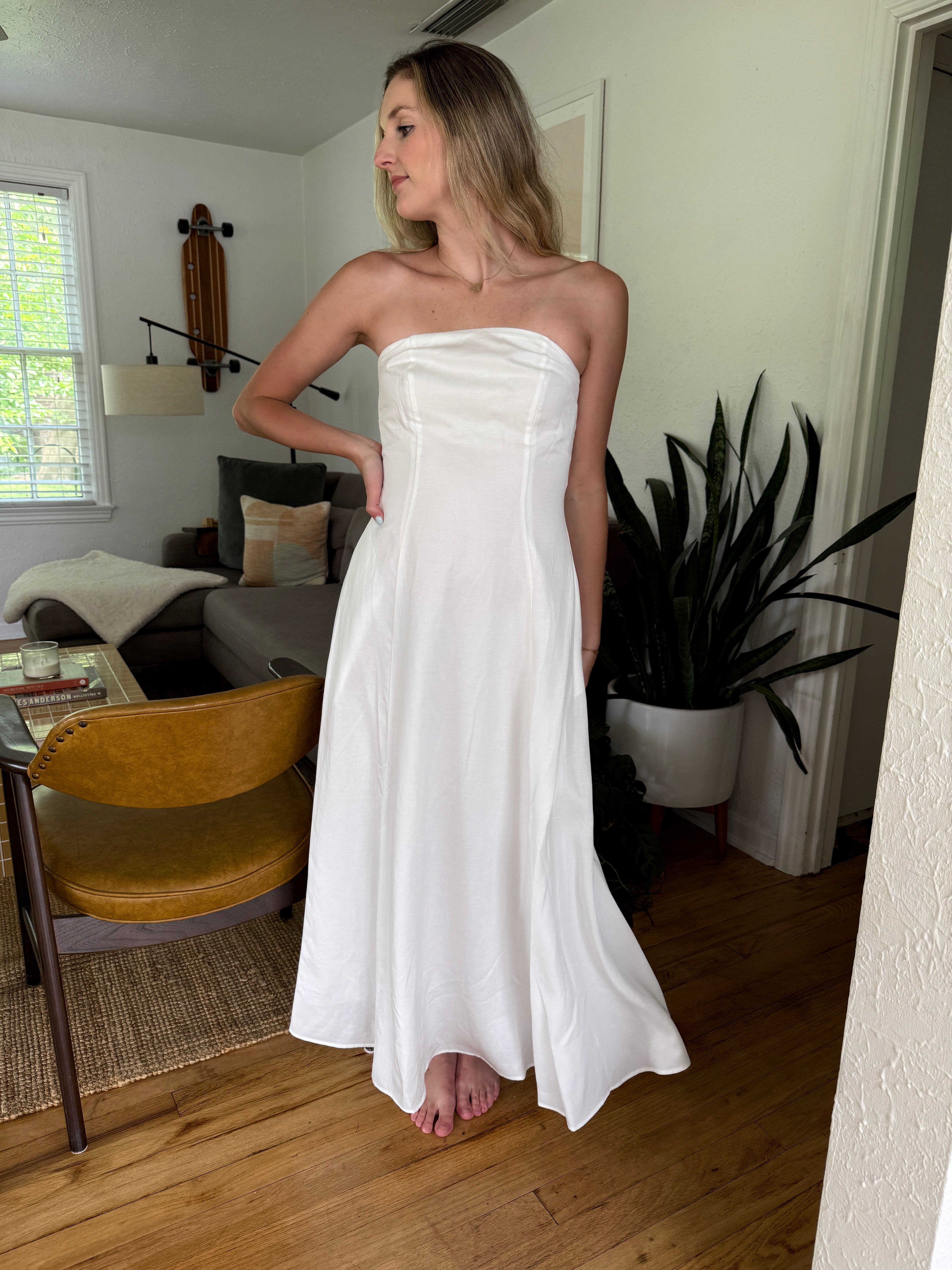 Sofie the Label Harper White Linen Strapless Midi Dress - XS / White Sofie the Label Harper White Linen Strapless Midi Dress - XS / White