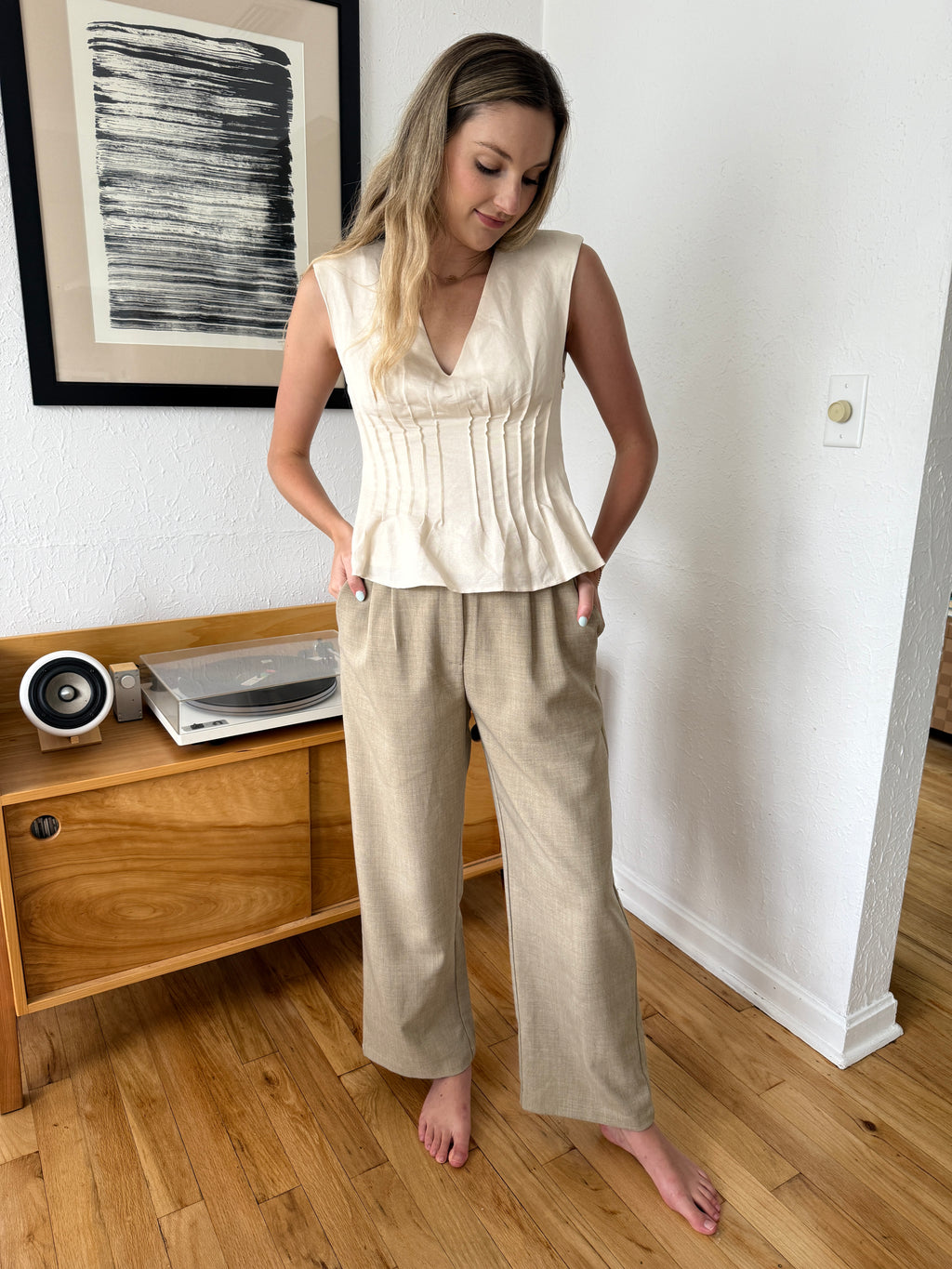 Harlow Beige Textured Pleated Trouser Pants