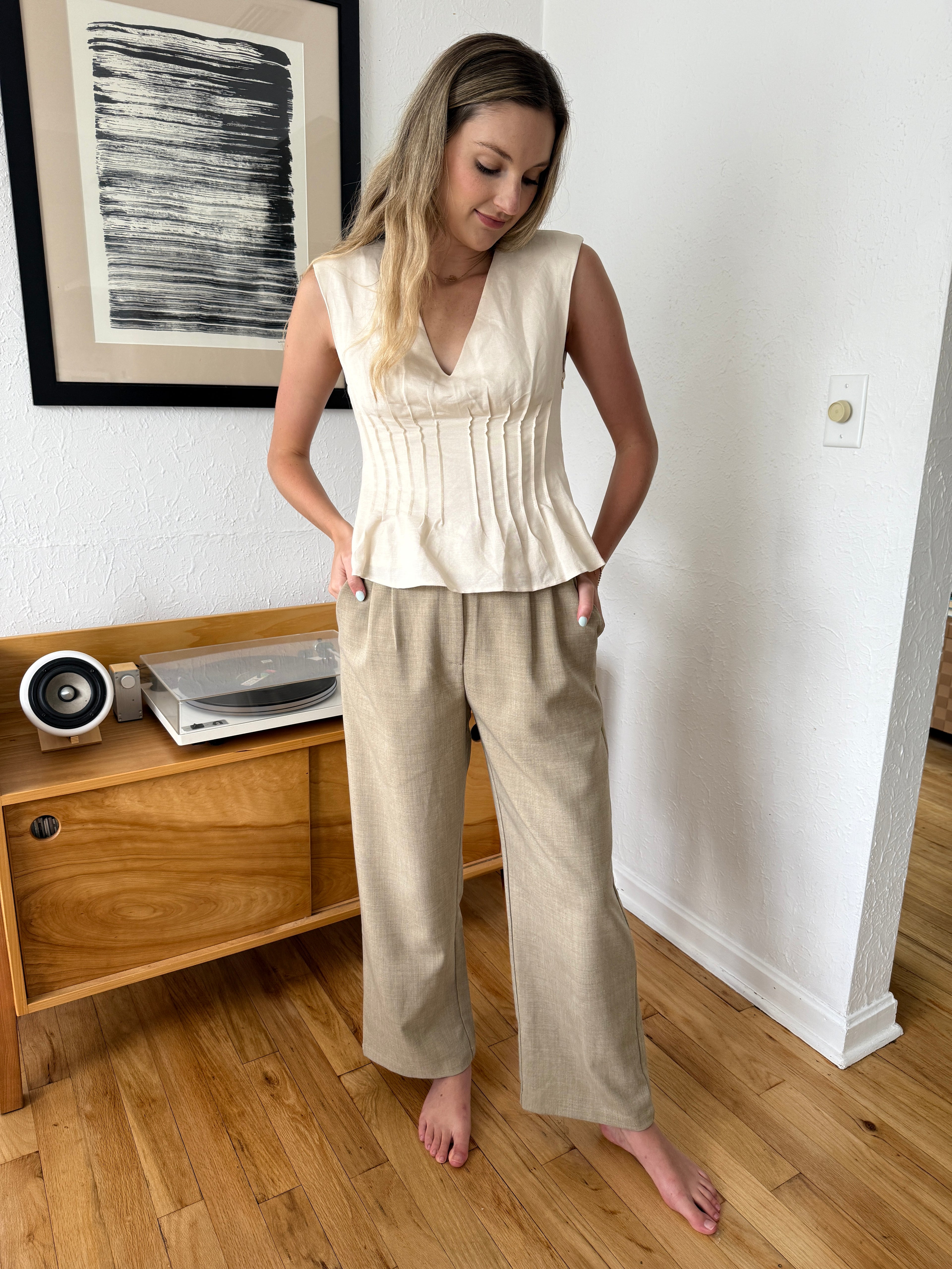Harlow Beige Textured Pleated Trouser Pants