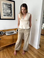 Harlow Beige Textured Pleated Trouser Pants