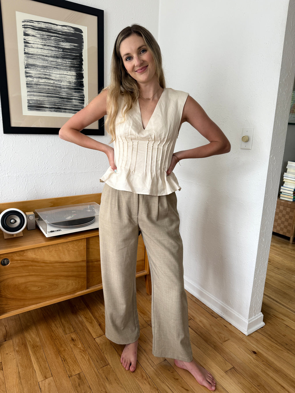 Harlow Beige Textured Pleated Trouser Pants