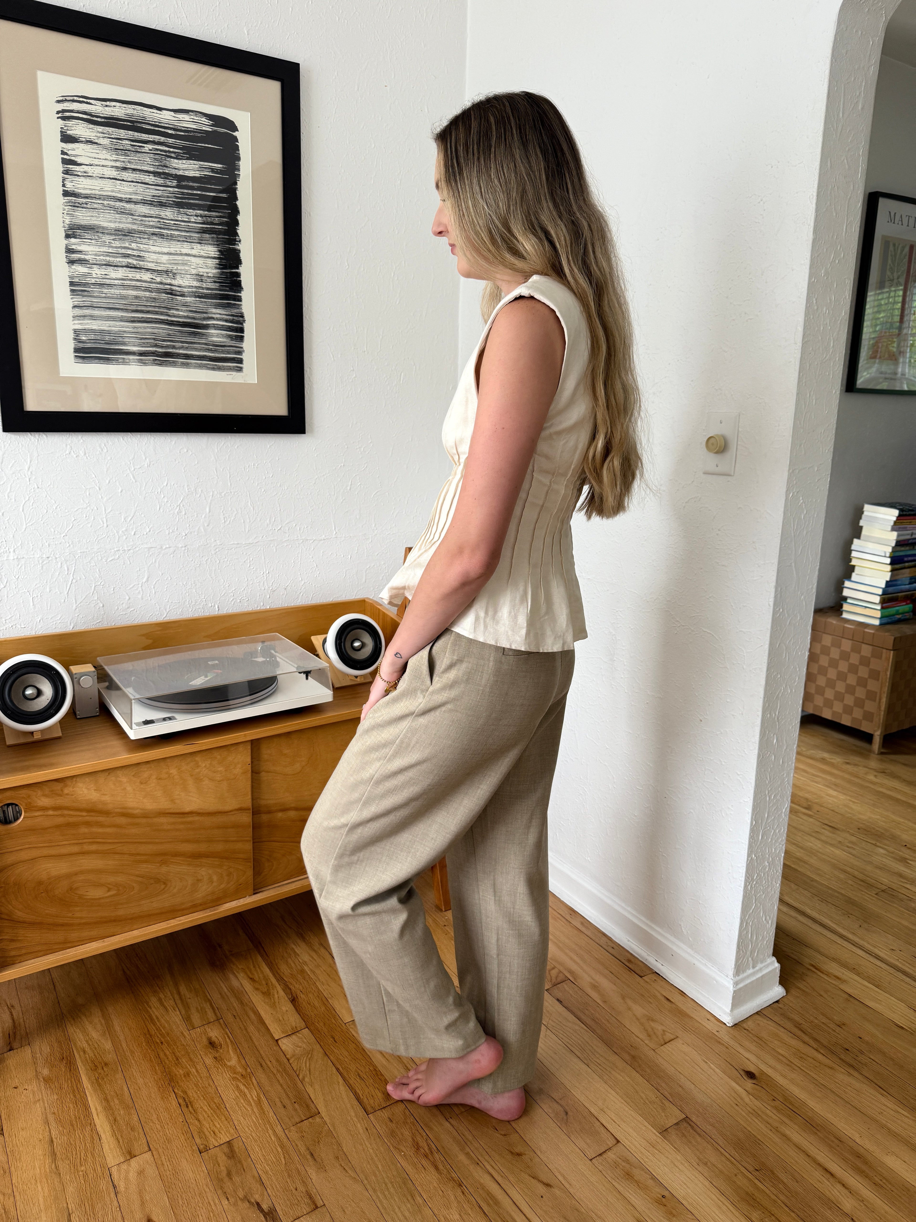 Harlow Beige Textured Pleated Trouser Pants