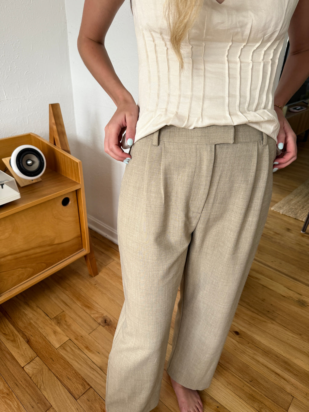Harlow Beige Textured Pleated Trouser Pants