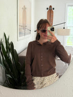 Harmony Knit Buttoned Long Sleeve Cardigan Top (Brown)