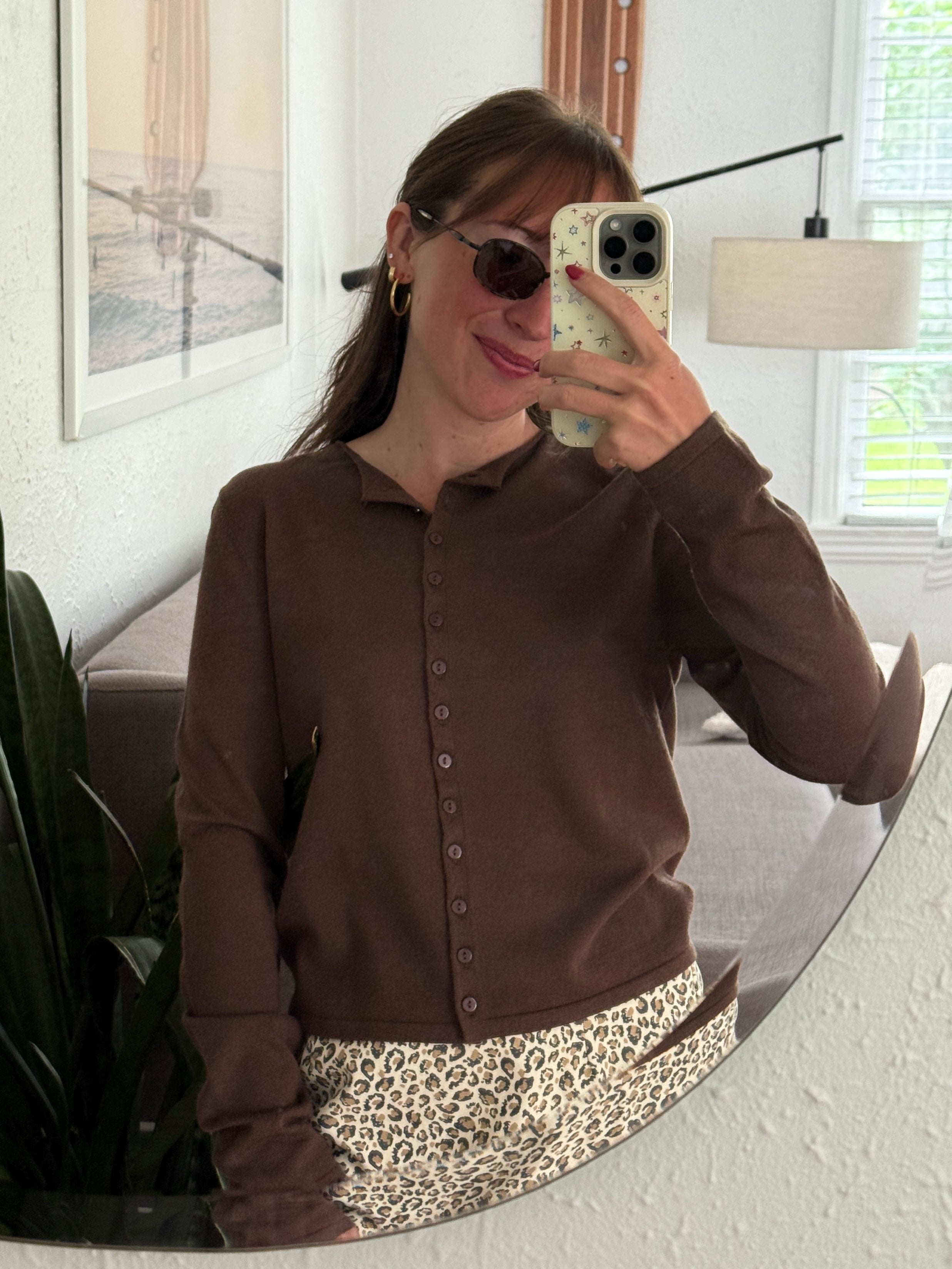 Harmony Knit Buttoned Long Sleeve Cardigan Top (Brown)