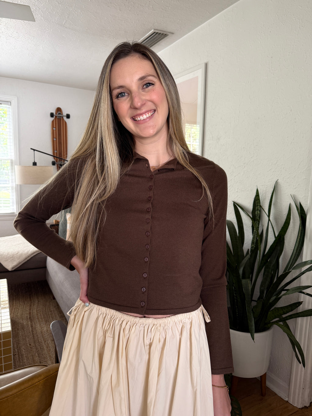Harmony Knit Buttoned Long Sleeve Cardigan Top (Brown)