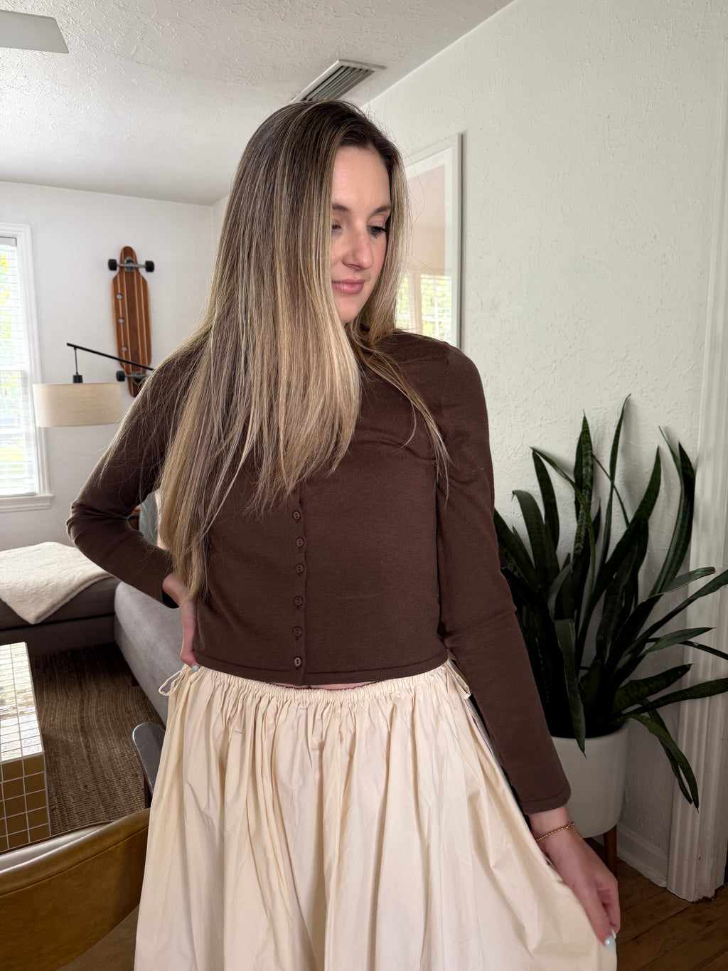 Harmony Knit Buttoned Long Sleeve Cardigan Top (Brown)