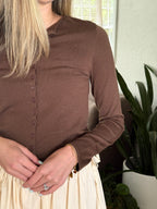 Harmony Knit Buttoned Long Sleeve Cardigan Top (Brown)