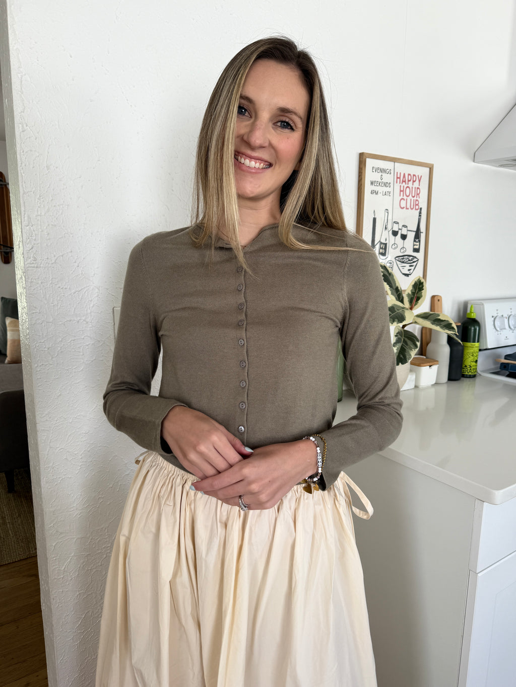 Harmony Knit Buttoned Long Sleeve Cardigan Top (Olive)